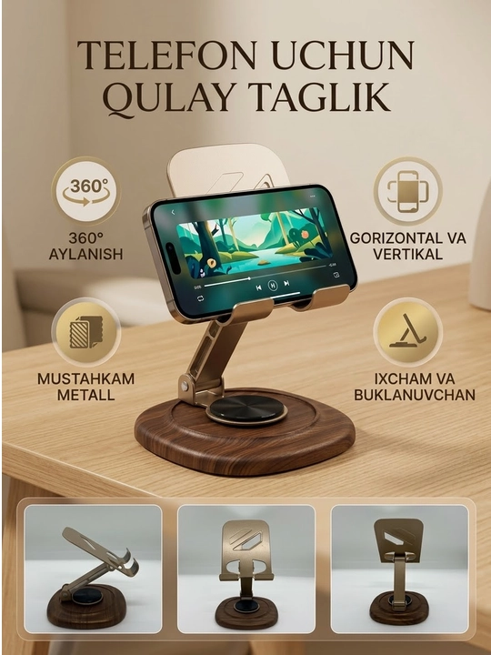 Telefon va planshet uchun metal tutgich 360 gradus aylanuvchi mexanizmli