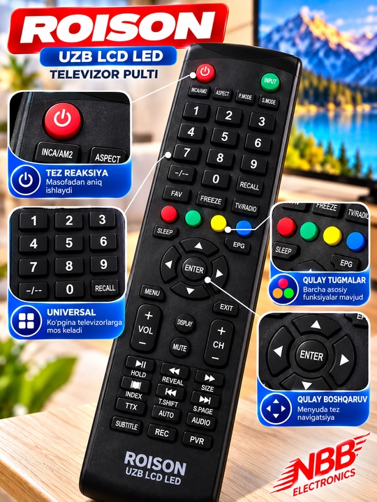 ROISON UZB LCD LED Televizor uchun pult, pult tv, masofadan boshqarish pulti
