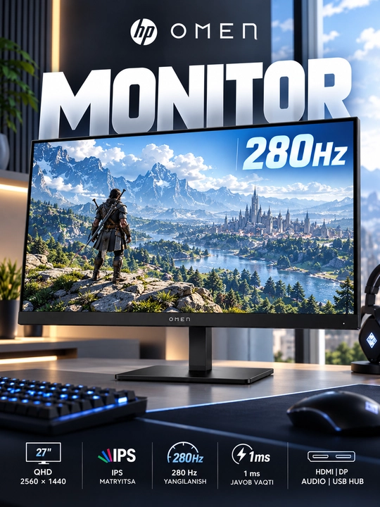 Игровой монитор HP OMEN 27qs G2 27″, IPS, QHD 2560×1440, 280 Гц, 1 мс, HDMI, DP, USB Hub - 