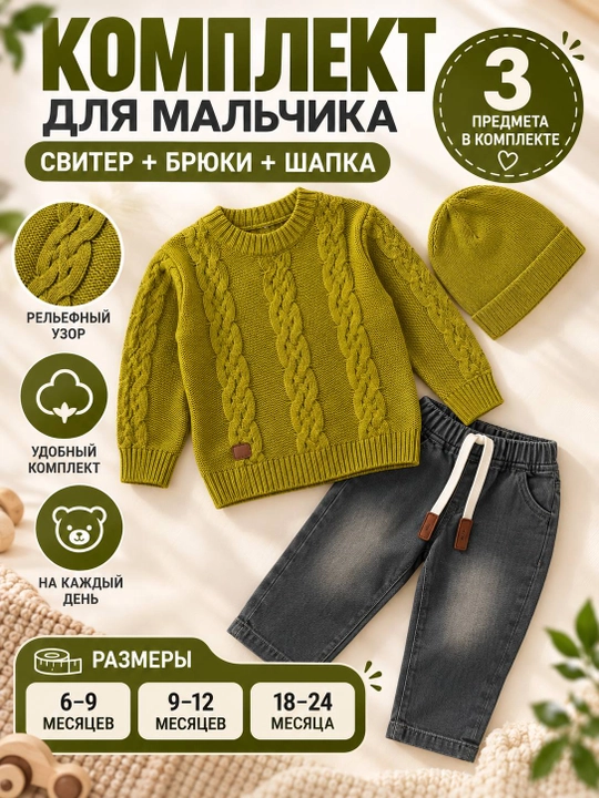 Вязаный комплект для мальчика: свитер и брюки