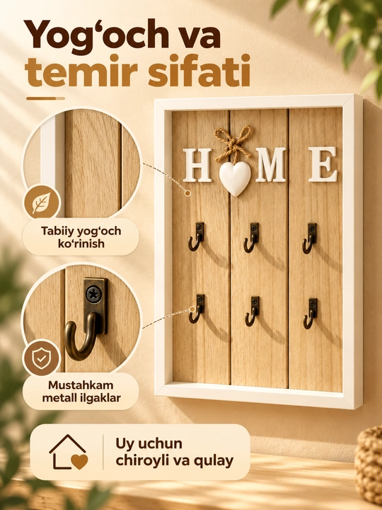Kalit ilgich, devorga osiladigan yog‘och kalitlar uchun osilgich, uy dekoratsiyasi,