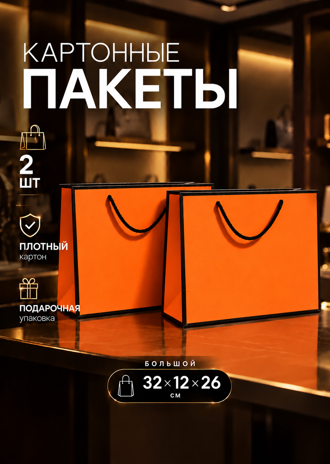 Подарочный пакет-упаковка картонный с тканевыми ручками 32×12×26 см в комплекте 2 шт