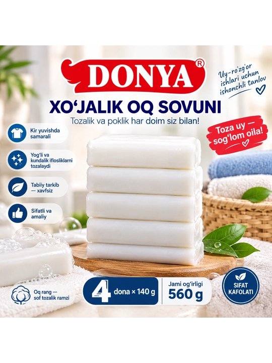 DONYA oq xo‘jalik sovuni 140g×4dona, 72%, qulay tanlov