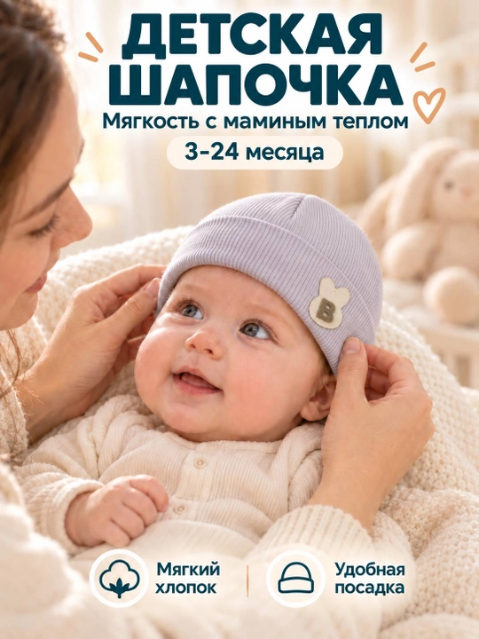 Детские шапочки для новорождённых, подойдут малышам от 3 до 24 месяцев