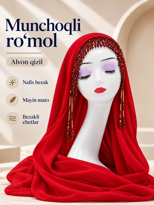 Ayollar uchun ro'mol, munchoqli shokilali, hijob uchun, biser ro'mol - 