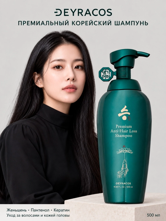 DEYRACOS Premium soch to'kilishiga qarshi jenshen, pantenol va keratin qo'shilgan shampun