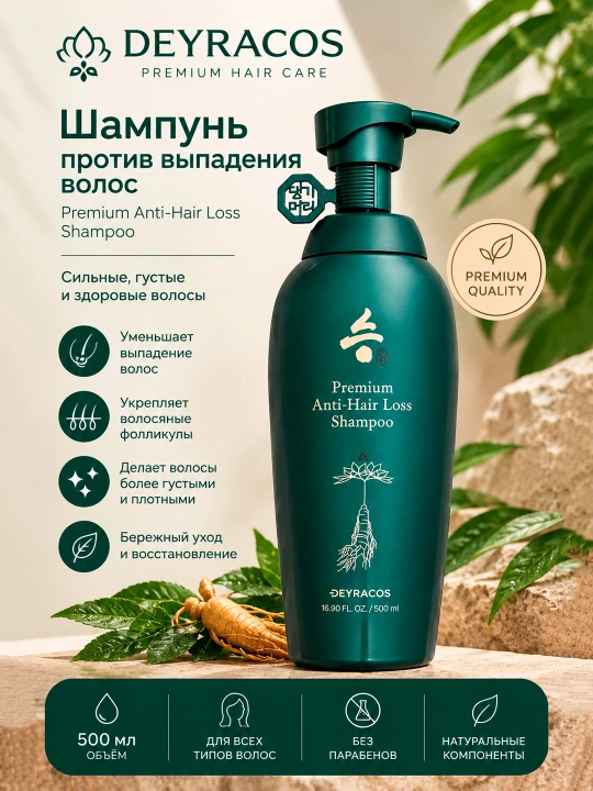 DEYRACOS Premium soch to'kilishiga qarshi jenshen, pantenol va keratin qo'shilgan shampun