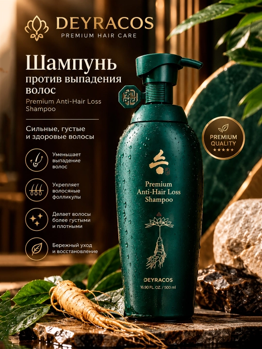 DEYRACOS Premium soch to'kilishiga qarshi jenshen, pantenol va keratin qo'shilgan shampun