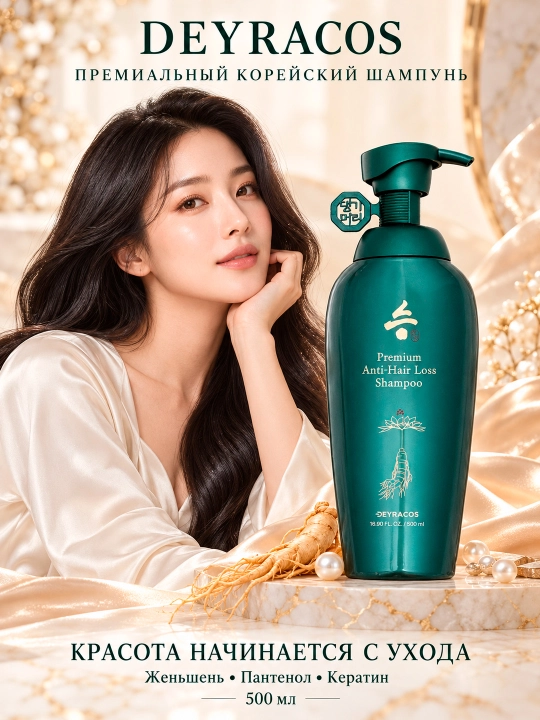 DEYRACOS Premium soch to'kilishiga qarshi jenshen, pantenol va keratin qo'shilgan shampun