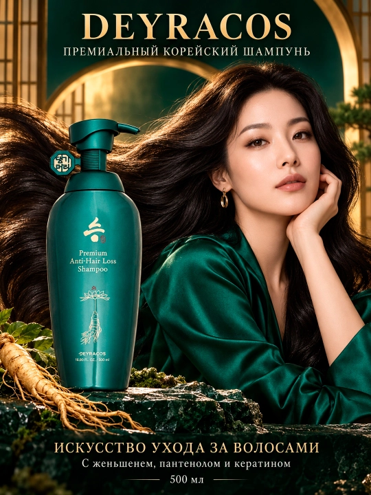 DEYRACOS Premium soch to'kilishiga qarshi jenshen, pantenol va keratin qo'shilgan shampun