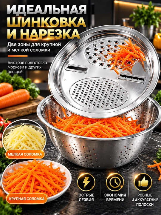 Набор для кухни, дуршлаг, терка, миска, 3 в 1, из нержавеющей стали, салатник, овощерезка