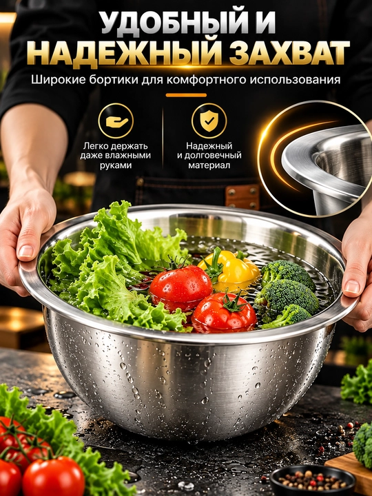 Набор для кухни, дуршлаг, терка, миска, 3 в 1, из нержавеющей стали, салатник, овощерезка