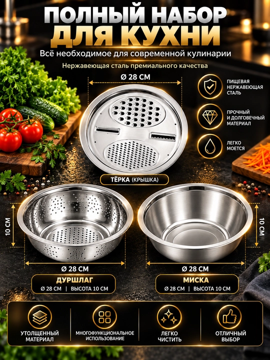 Набор для кухни, дуршлаг, терка, миска, 3 в 1, из нержавеющей стали, салатник, овощерезка