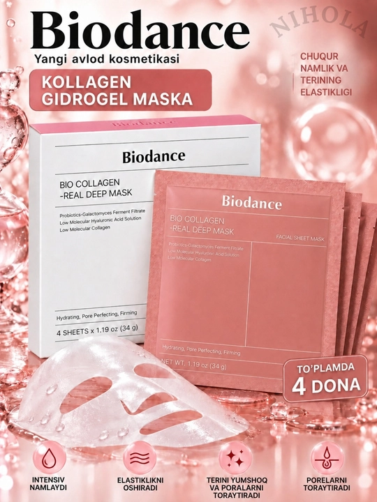 Maska Biodance,yuz uchun niqob,terining elastikligi uchun kollagenli tungi gidrogel niqobi