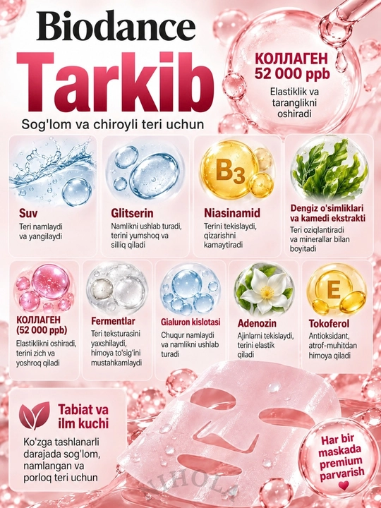 Maska Biodance,yuz uchun niqob,terining elastikligi uchun kollagenli tungi gidrogel niqobi