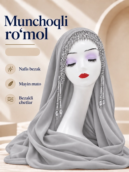 Ayollar uchun ro'mol, munchoqli shokilali, hijob uchun, biser ro'mol - 