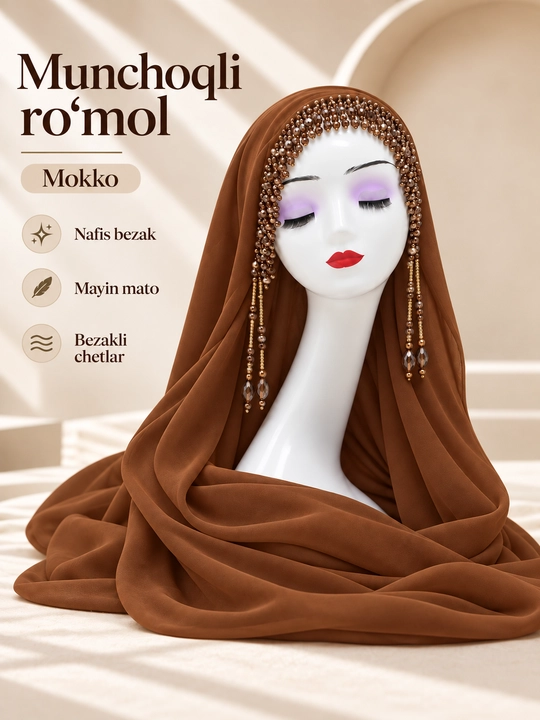 Ayollar uchun ro'mol, munchoqli shokilali, hijob uchun, biser ro'mol - 