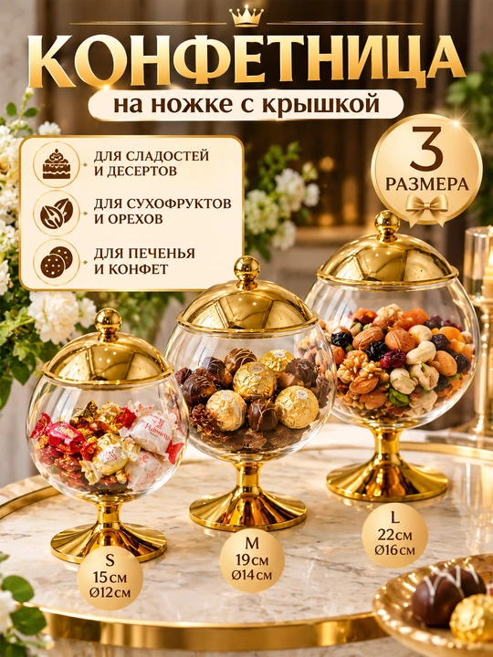 Конфетница на ножке с крышкой, акриловая ваза для конфет, сладостей и сервировки стола - 