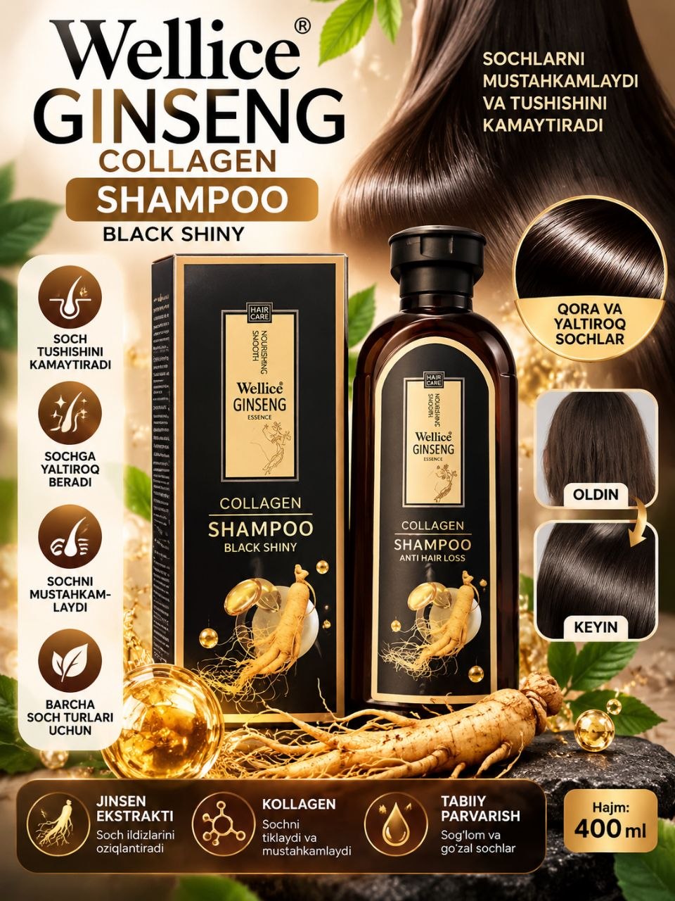 Soch to'kilishiga qarshi davolovchi shampun jenshenli Wellice Ginseng Collagen, 420 ml