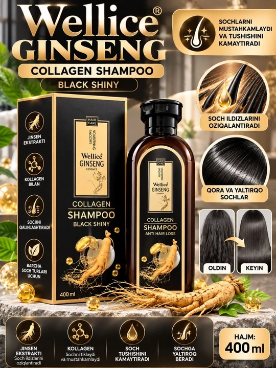 Soch to'kilishiga qarshi davolovchi shampun jenshenli Wellice Ginseng Collagen, 420 ml