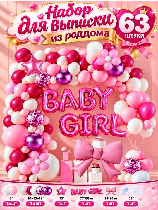 Набор шаров для выписки из роддома Baby Girl, украшение для девочки - 