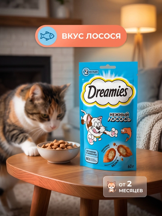 Лакомство для кошек Dreamies подушечки с лососем, 60 г - 