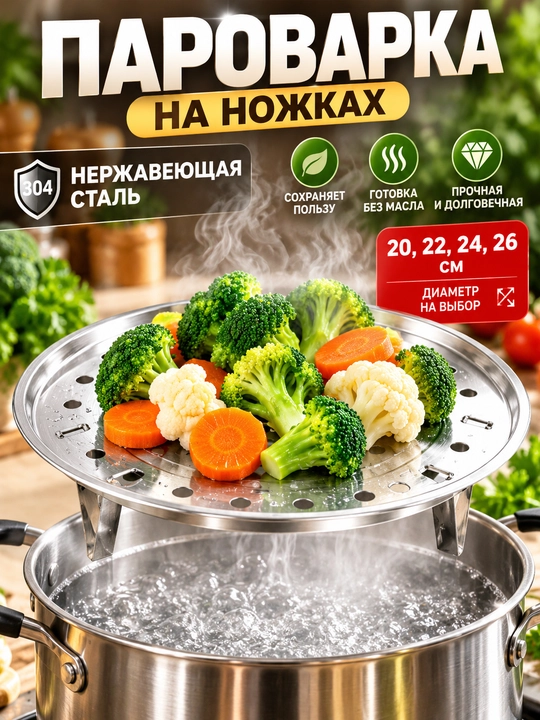 Пароварка для кастрюли на ножках, вставка-сито для мантов, хинкали и овощей - 