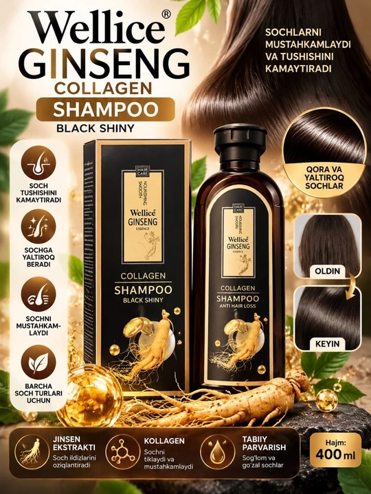 Soch to'kilishiga qarshi davolovchi shampun jenshenli Wellice Ginseng Collagen, 420 ml