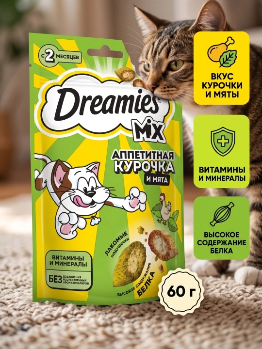 Лакомство Dreamies для взрослых кошек, подушечки с мятой и курицей, 60 г - 