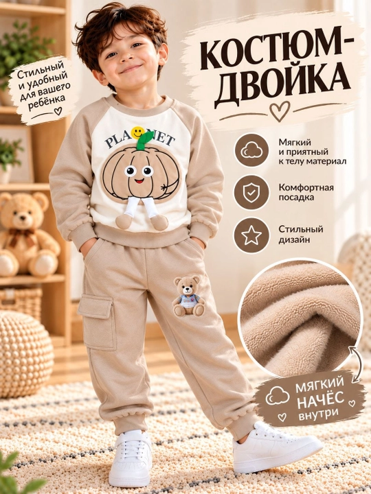 Детский костюм-двойка для мальчика, мягкий утеплённый комплект с начёсом, брюки - 