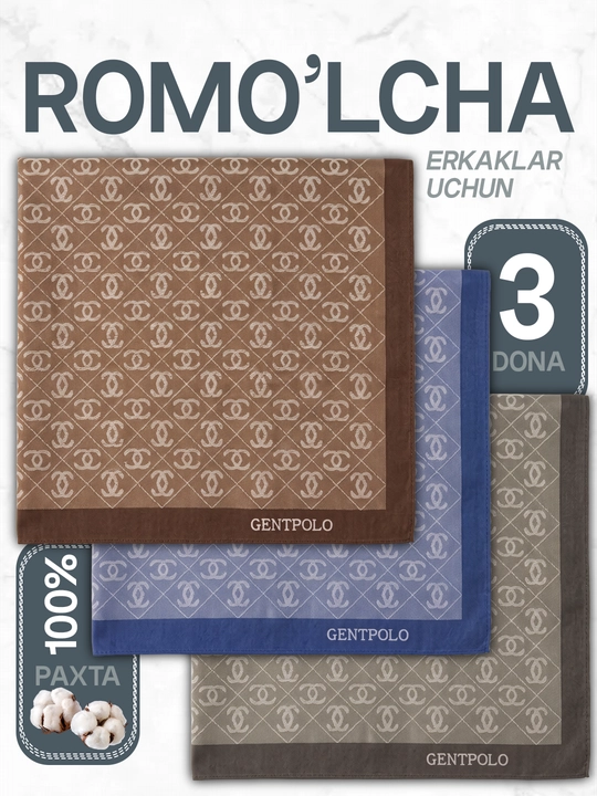 Erkaklar uchun tabiy paxtadan dastro`molar, 100% paxta, 3 dona to`plam, о‘lchami: 42×42 sm - 