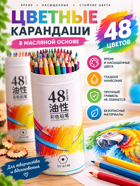 Набор цветных карандашей на масляной основе, 48 цветов - 