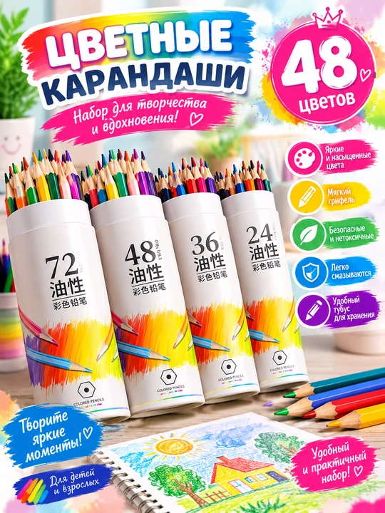 Moyli asosdagi rangli qalamlar to‘plami, 48 xil rang