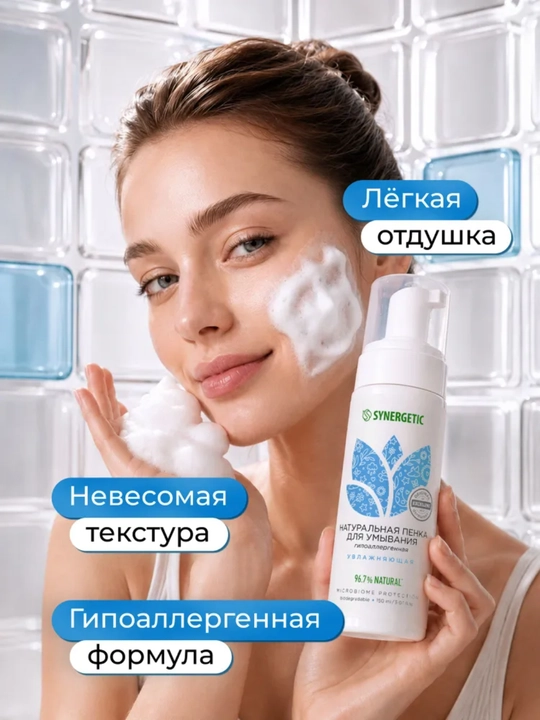 SYNERGETIC namlantiruvchi yuz yuvish ko‘pigi gialuron kislotasi bilan, 150 ml