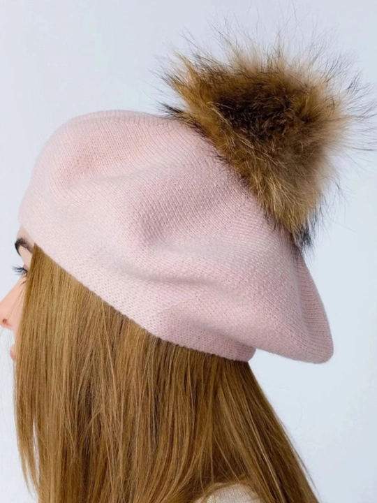 Ayollar shapkasi, beret, issiq shapka, qishki bosh kiyim, mo'ynali shapka, trikotaj beret