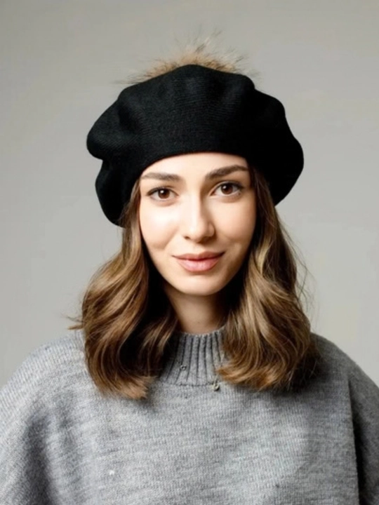 Ayollar shapkasi, beret, issiq shapka, qishki bosh kiyim, mo'ynali shapka, trikotaj beret