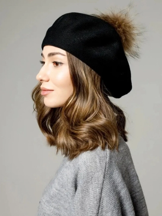 Ayollar shapkasi, beret, issiq shapka, qishki bosh kiyim, mo'ynali shapka, trikotaj beret
