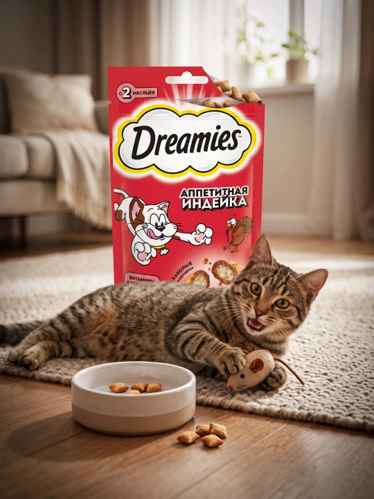 Лакомство Dreamies для взрослых кошек с индейкой, 60 г - 