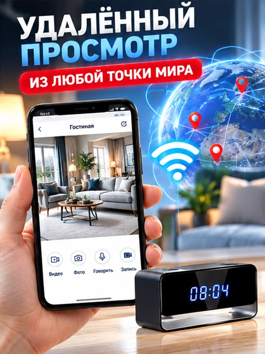 Soat-budilnik mini kamera 4K/1080P Full HD, Wi-Fi, tungi ko‘rish va harakat sensori bilan