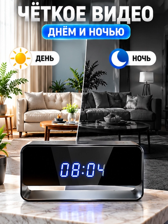 Soat-budilnik mini kamera 4K/1080P Full HD, Wi-Fi, tungi ko‘rish va harakat sensori bilan