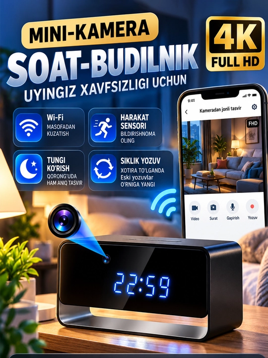 Soat-budilnik mini kamera 4K/1080P Full HD, Wi-Fi, tungi ko‘rish va harakat sensori bilan - 