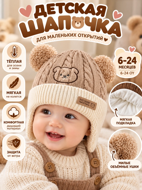 Шапочки зимние, для малышей, 0-3 месяцев, от 6 до 2 лет - 