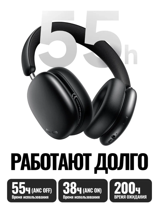 Simsiz quloqchin Hoco W63 ANC, Bluetooth 5.4, 55 soat, 40 mm dinamik, AUX va USB-C