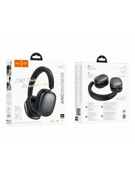 Simsiz quloqchin Hoco W63 ANC, Bluetooth 5.4, 55 soat, 40 mm dinamik, AUX va USB-C