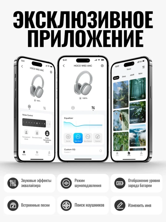 Simsiz quloqchin Hoco W63 ANC, Bluetooth 5.4, 55 soat, 40 mm dinamik, AUX va USB-C