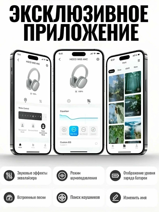 Simsiz quloqchin Hoco W63 ANC, Bluetooth 5.4, 55 soat, 40 mm dinamik, AUX va USB-C
