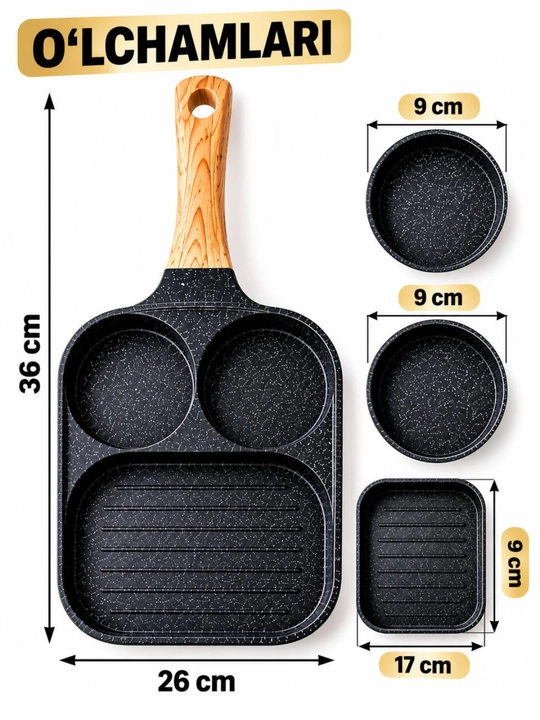 3 bo‘limli skovorodka, yopishmaydigan qoplama, qulay dastak va grill yuzasi