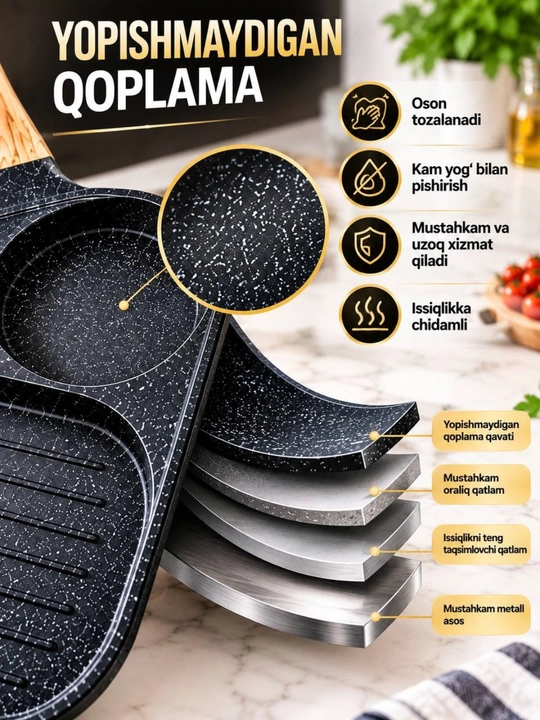 3 bo‘limli skovorodka, yopishmaydigan qoplama, qulay dastak va grill yuzasi