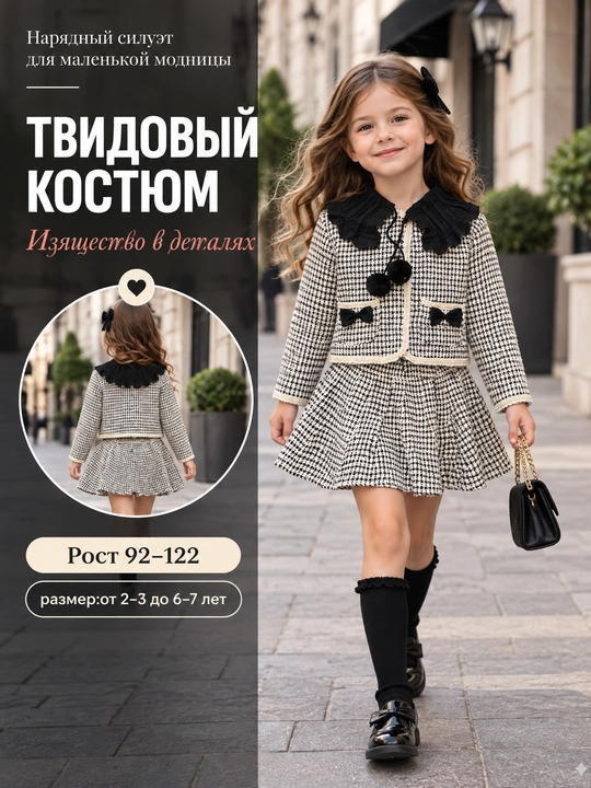 Qiz bolalar kiyimi, tvid kostyum, yubkali kostyum, bayramona kiyim, kastyum, yubka - 