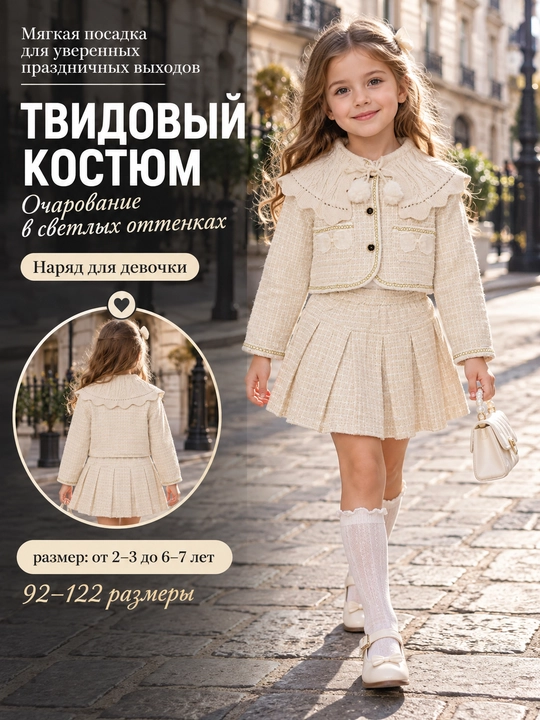 Qiz bolalar kiyimi, tvid kostyum, yubkali kostyum, bayramona kiyim, kastyum, yubka - 